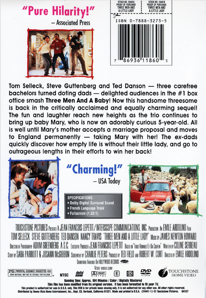 DVD image of "Three Men and a Little Lady" movie starring Coline Serreau and Sara Parriott in a clear case.