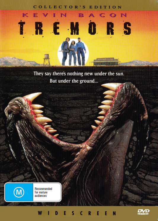 DVD cover of the horror movie Tremors featuring Kevin Bacon and Fred Ward, showcasing a desert scene with underground creatures.