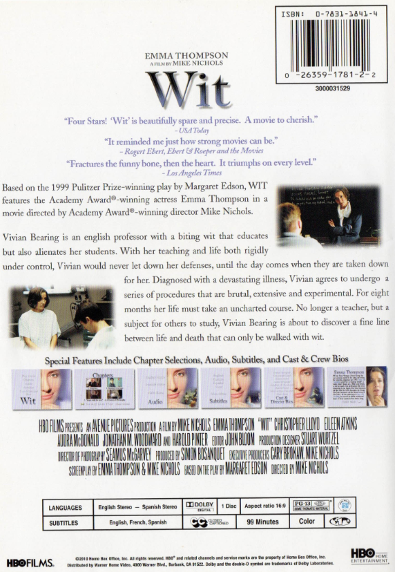 Wit on DVD featuring Emma Thompson and Christopher Lloyd, a drama movie from the rareandcollectibledvds collection.