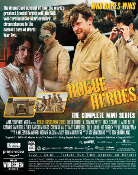 Screenshot from SAS Rogue Heroes DVD featuring actors Connor Swindells and Jack O'Connell in an action scene.