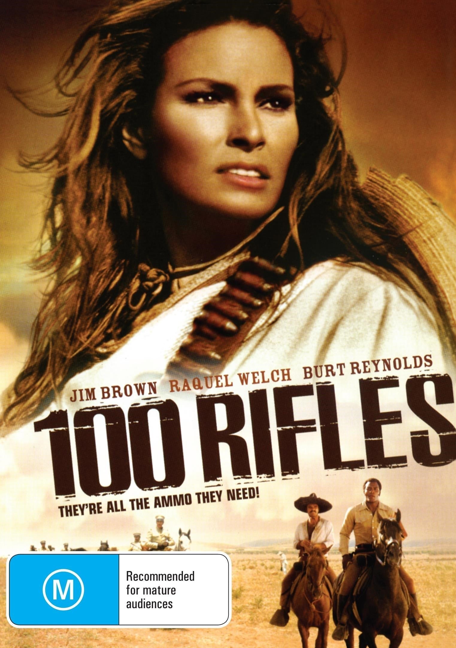 DVD cover of "100 Rifles" Western movie featuring Raquel Welch, Jim Brown, and Burt Reynolds, from Rare and Collectible DVDs.
