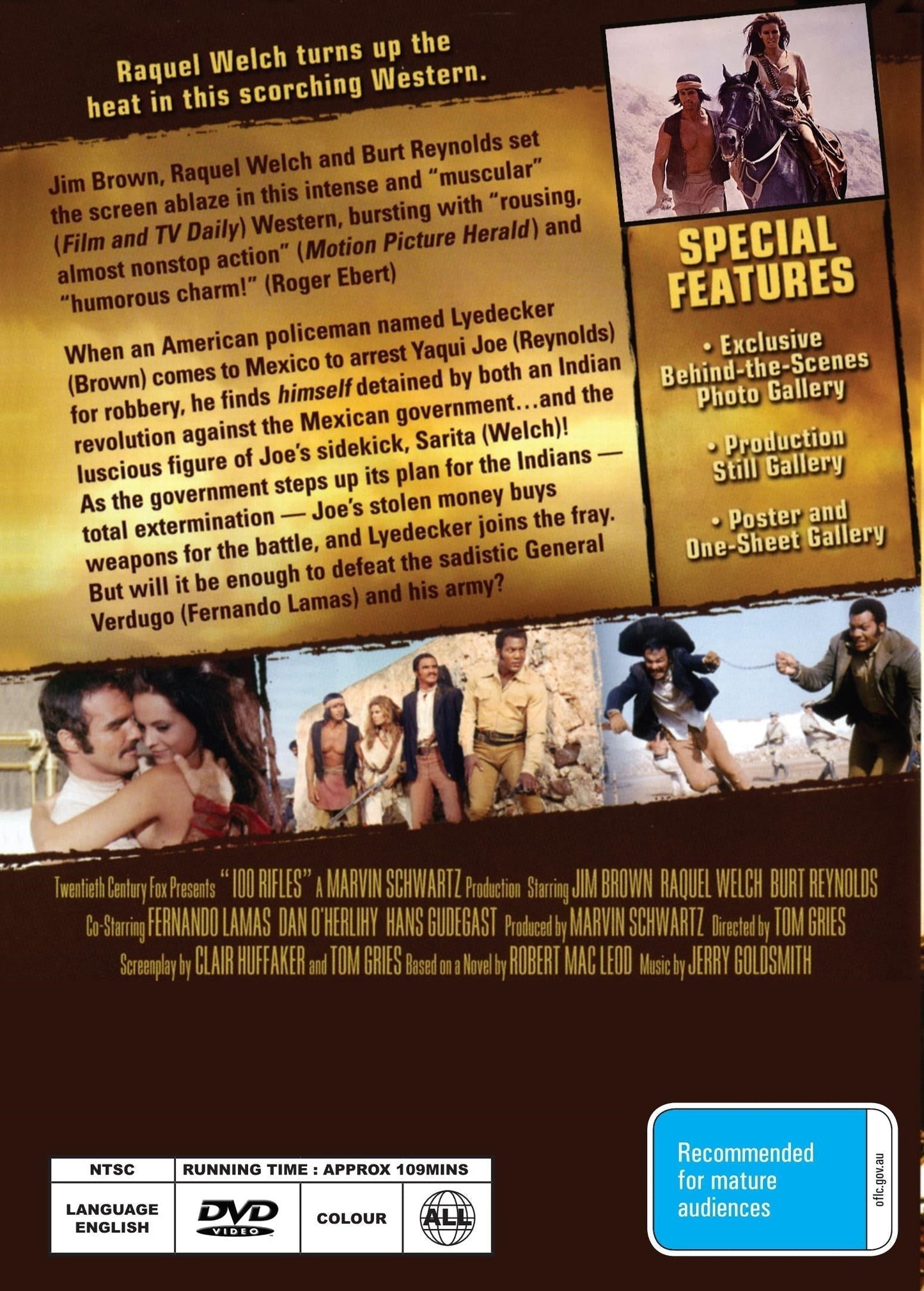 Western movie DVD titled 100 Rifles featuring Raquel Welch, Jim Brown, and Burt Reynolds from Rare and Collectible DVDs.