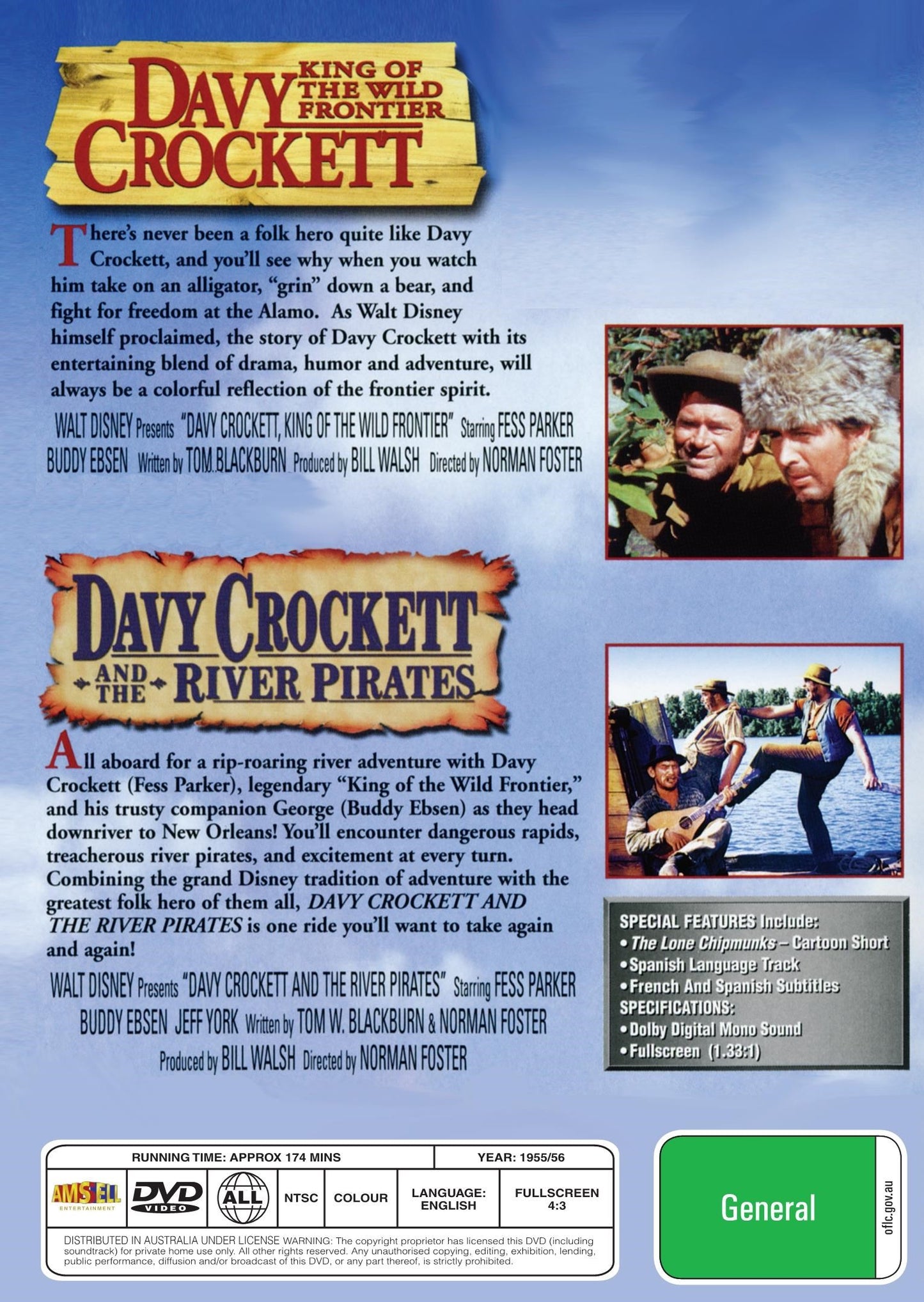 DVD of Davy Crockett: King of the Wild Frontier featuring Fess Parker and Buddy Ebsen, drama movie from RareAndCollectibleDVDs.