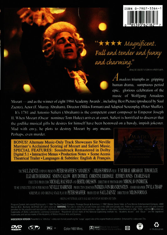 Amadeus DVD movie featuring F. Murray Abraham and Tom Hulce, biography genre, displayed with cover art and title.