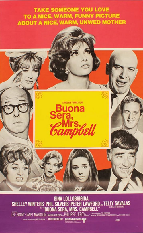 DVD cover of the comedy movie Buona Sera, Mrs. Campbell featuring Gina Lollobrigida and Shelley Winters, from rareandcollectibledvds.