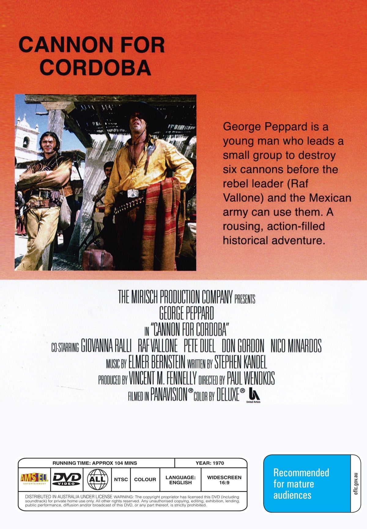 DVD cover of "Cannon for Cordoba," a romance movie featuring George Peppard and Giovanna Ralli, from rareandcollectibledvds.