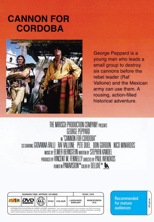 DVD cover of "Cannon for Cordoba," a romance movie featuring George Peppard and Giovanna Ralli, from rareandcollectibledvds.
