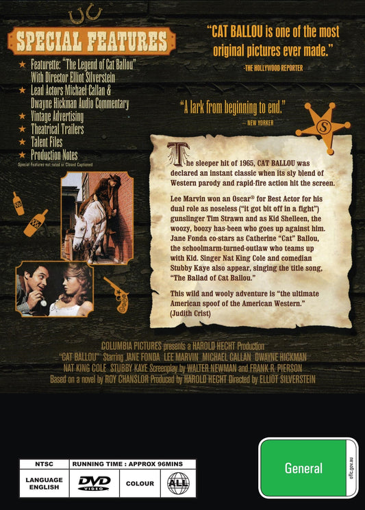 Cat Ballou DVD featuring Western film with Jane Fonda and Lee Marvin, showing the movie cover with title and actors.