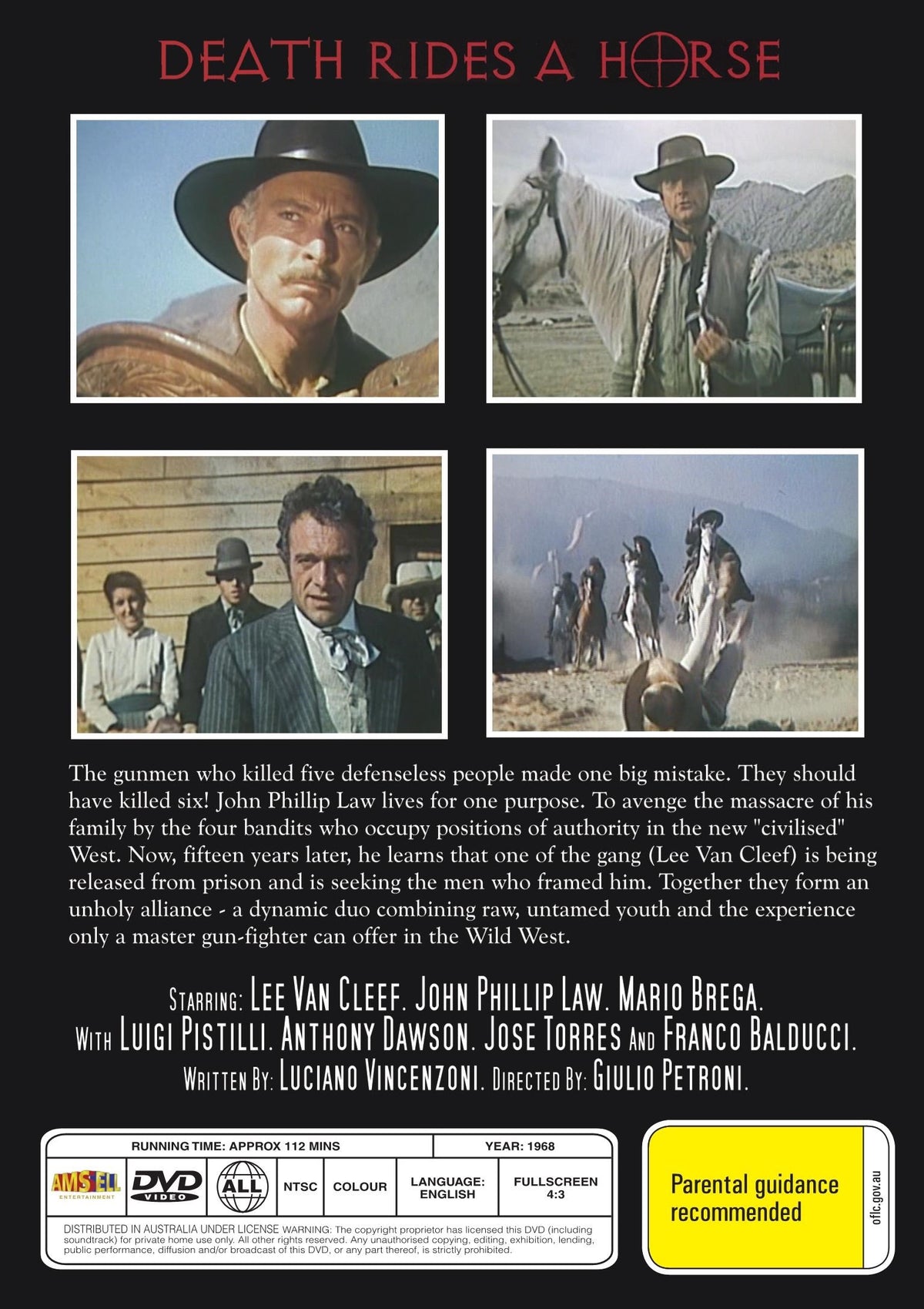 DVD cover of "Death Rides A Horse" drama movie featuring Lee Van Cleef and John Phillip Law, from Rareandcollectibledvds.