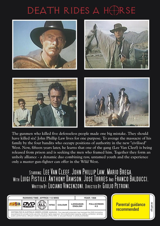 DVD cover of "Death Rides A Horse" drama movie featuring Lee Van Cleef and John Phillip Law, from Rareandcollectibledvds.
