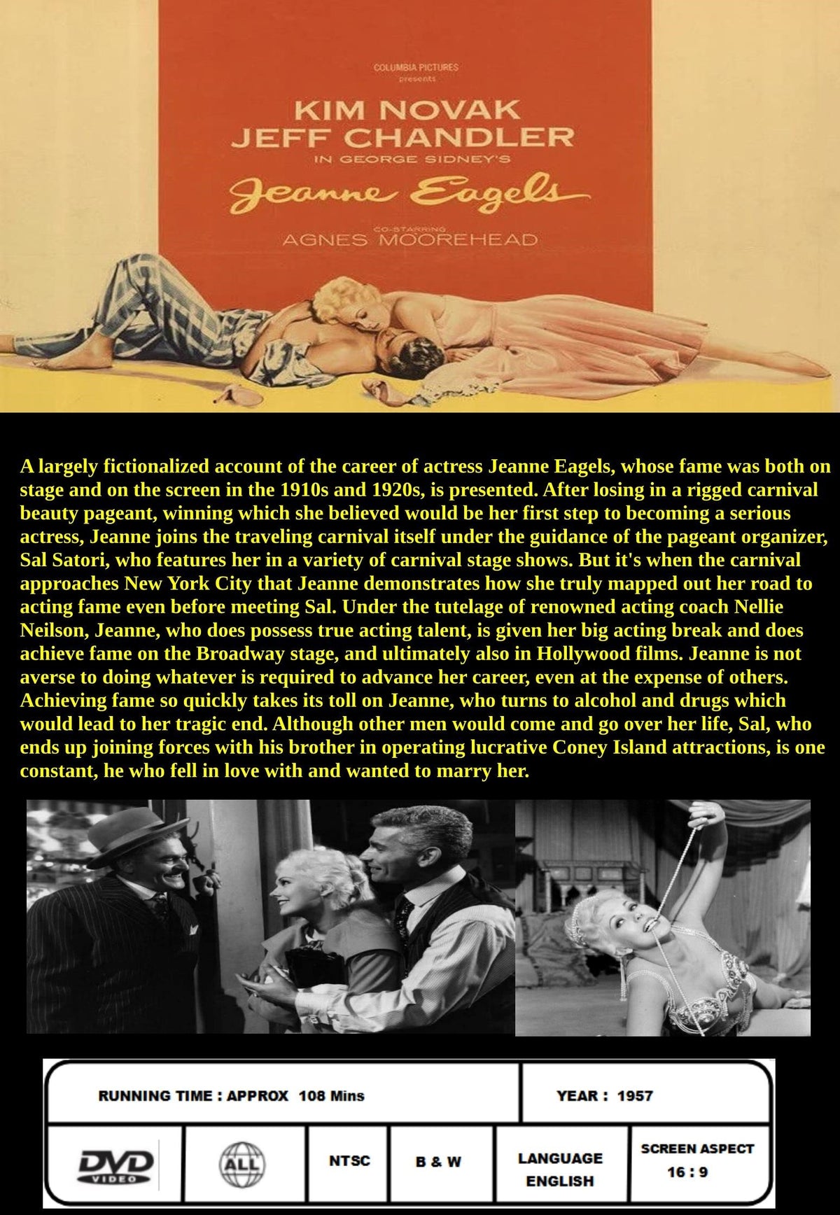 Jeanne Eagels DVD drama featuring Kim Novak and Jeff Chandler, a classic movie in the Movies & DVDs collection.