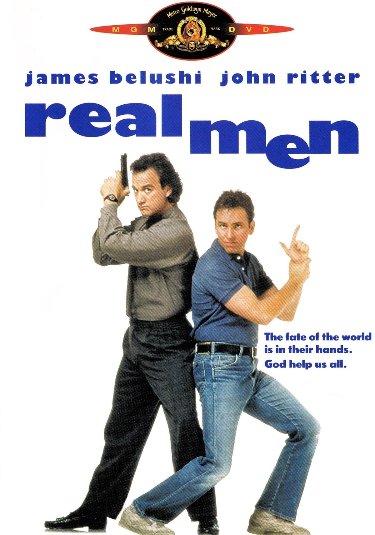 DVD cover of the comedy movie "Real Men" starring Jim Belushi and John Ritter, from Rare and Collectible DVDs.