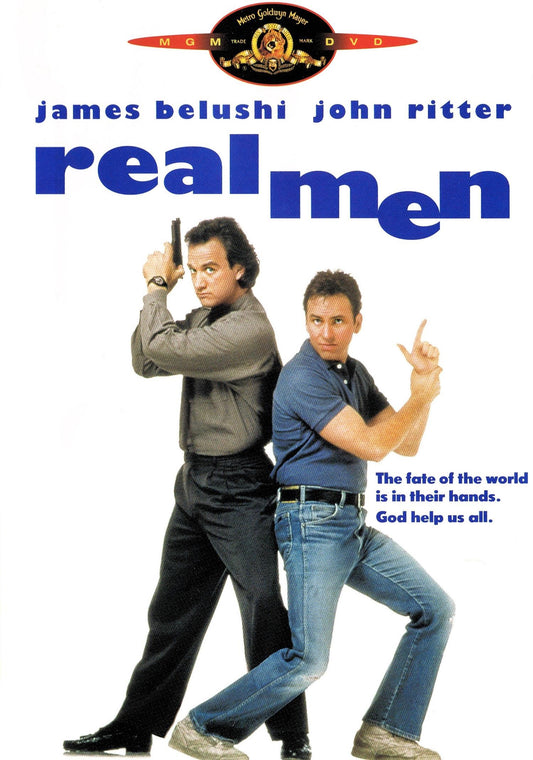 DVD cover of the comedy movie "Real Men" starring Jim Belushi and John Ritter, from Rare and Collectible DVDs.