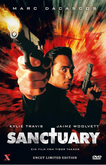 Sanctuary DVD featuring action stars Mark Dacascos and Jaimz Woolvett, with cover art showing the movie title and cast.
