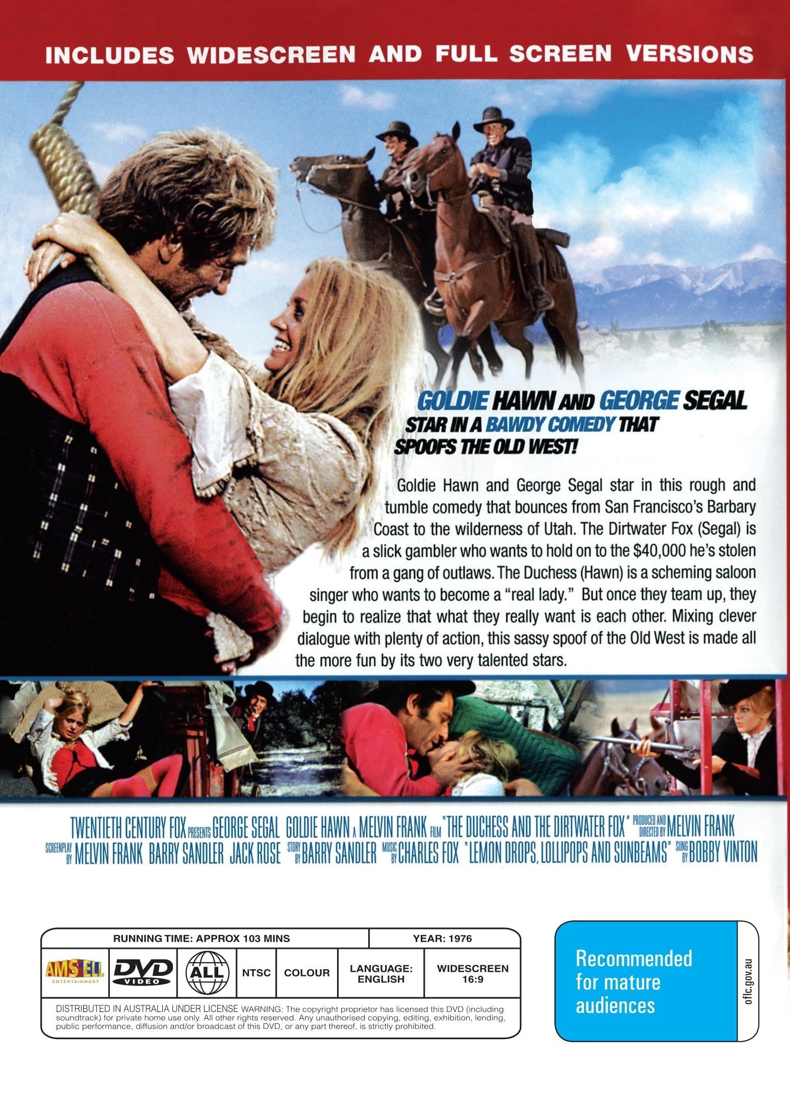 DVD cover of The Duchess and the Dirtwater Fox comedy movie featuring George Segal and Goldie Hawn, from rareandcollectibledvds.