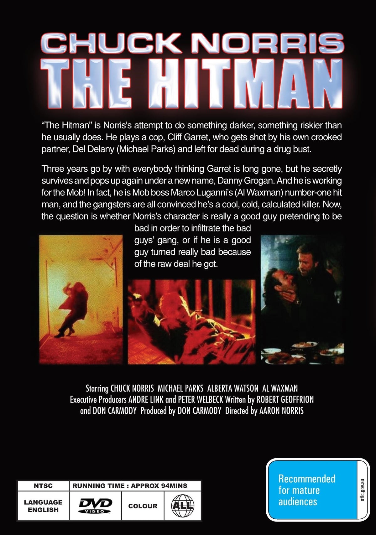 DVD cover of "The Hitman" crime movie featuring Chuck Norris and Michael Parks, from rareandcollectibledvds.