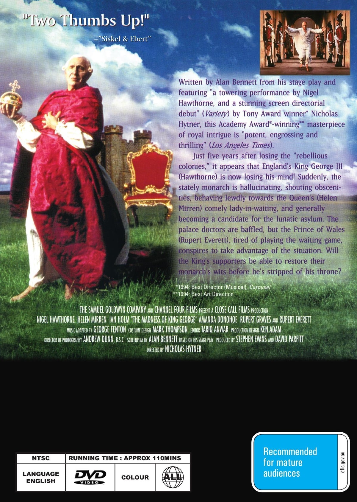 DVD cover for The Madness of King George featuring Nigel Hawthorne and Helen Mirren, a historical drama movie.