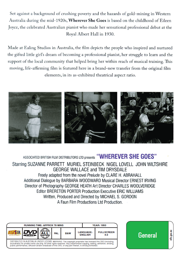 DVD cover for "Wherever She Goes," a biography of Eileen Joyce, featuring Suzanne Parrett, from Rare and Collectible DVDs.