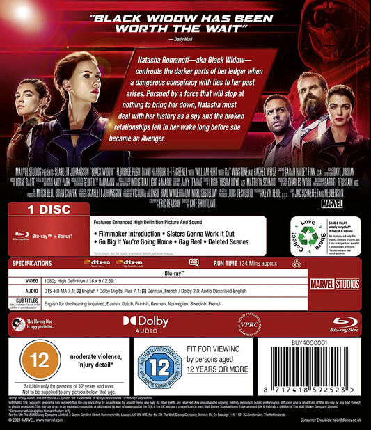 Black Widow DVD featuring Scarlett Johansson and Florence Pugh, action film with movie cover art and character images.