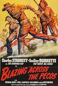 DVD cover of "Blazing Across the Pecos" Western featuring Charles Starrett and Patricia Barry, showing the film's title and main actors.
