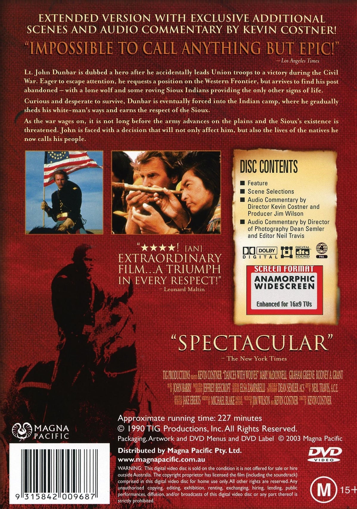 Dances with Wolves DVD featuring Kevin Costner and Mary McDonnell, drama film in a collectible DVD case.