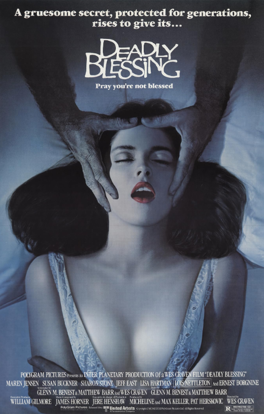 DVD cover of Deadly Blessing horror film featuring Maren Jensen and Sharon Stone, from Rare and Collectible DVDs.