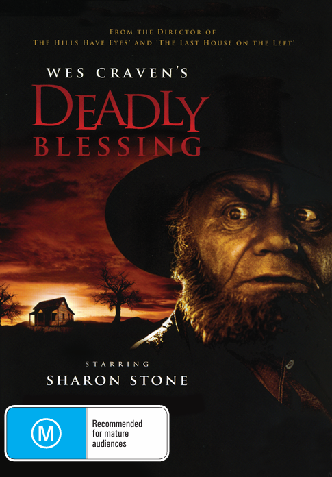 DVD cover of Deadly Blessing horror film featuring Maren Jensen and Sharon Stone, with dark, eerie imagery from the movie.