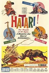 DVD cover of Hatari! featuring John Wayne and Elsa Martinelli, showcasing action scenes from the classic adventure film.