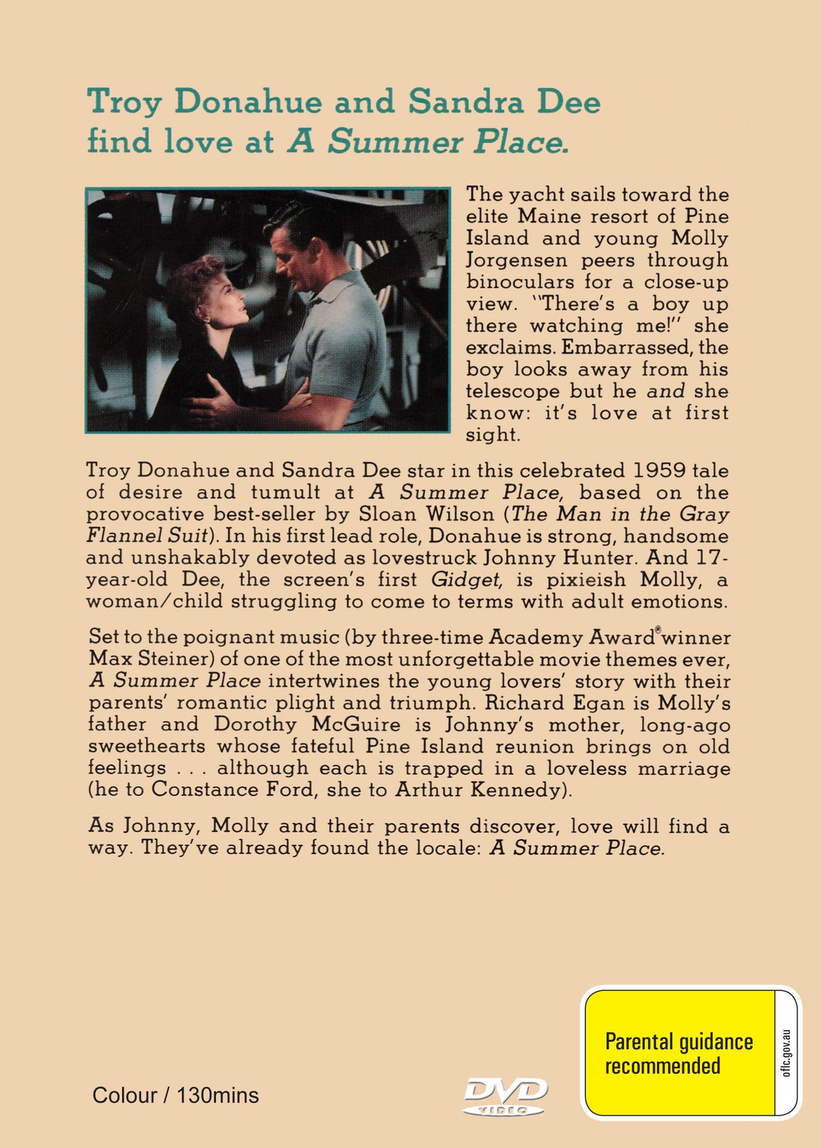 A DVD cover of "A Summer Place" drama film featuring Richard Egan and Dorothy McGuire, part of Timeless Classic DVD collection.