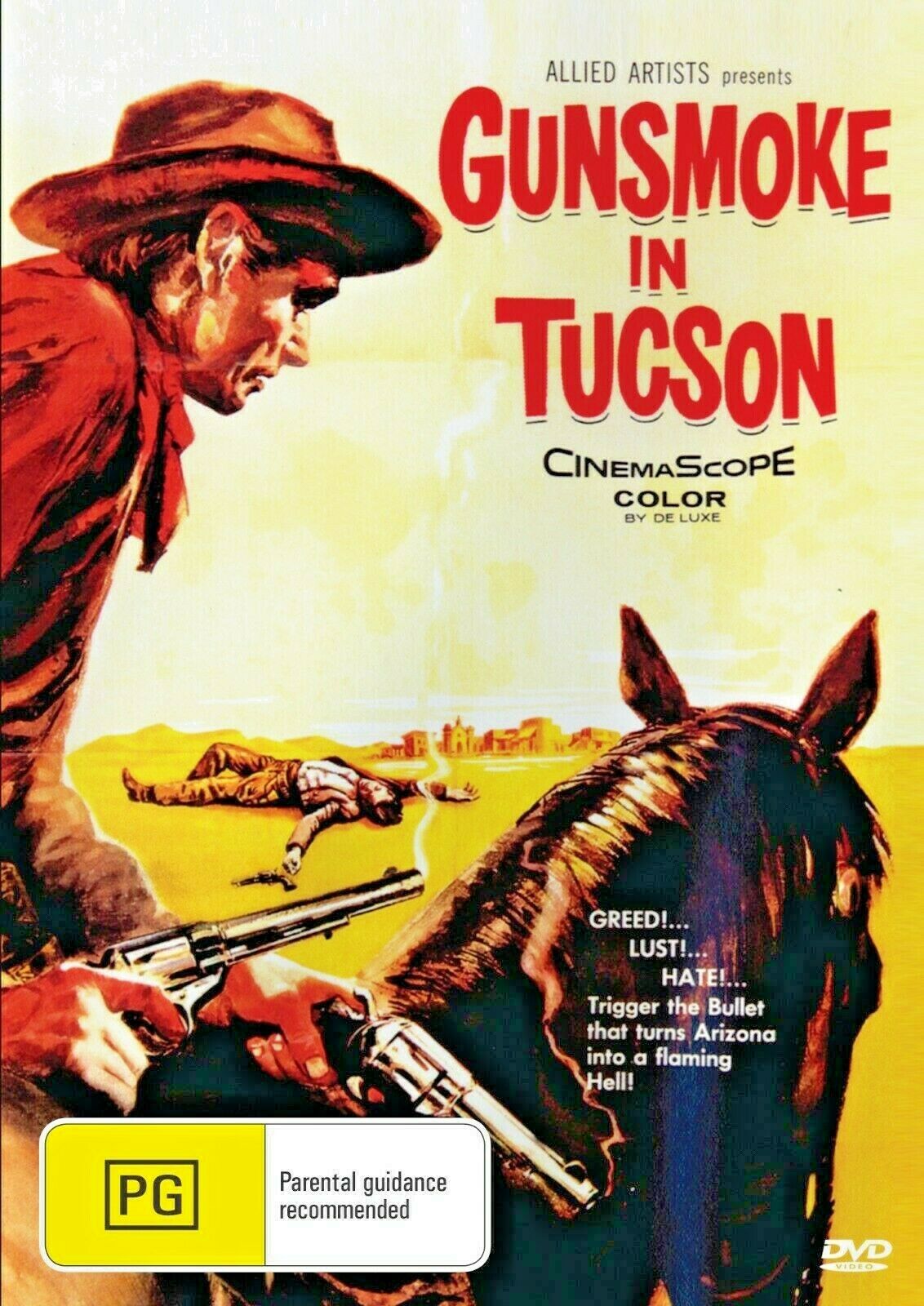 DVD cover of Gunsmoke in Tucson (1958) featuring actors Mark Stevens and Forrest Tucker, Western movie on Timeless Classic DVD.