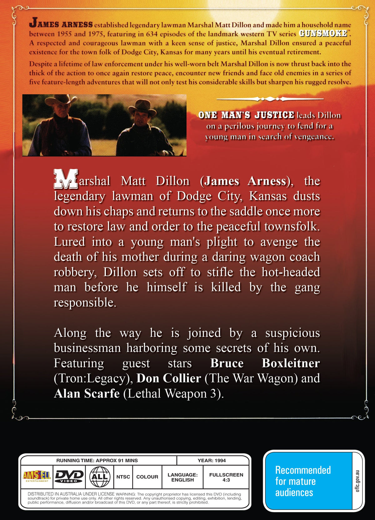DVD cover of Gunsmoke: One Man's Justice (1994) featuring James Arness and Bruce Boxleitner, from Timeless Classic DVD collection.
