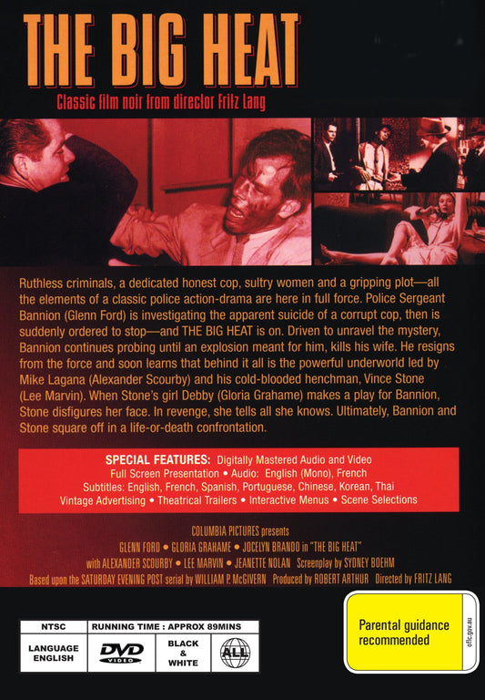 DVD cover of The Big Heat (1953) crime film noir starring Glenn Ford and Gloria Grahame, featuring intense crime drama imagery.
