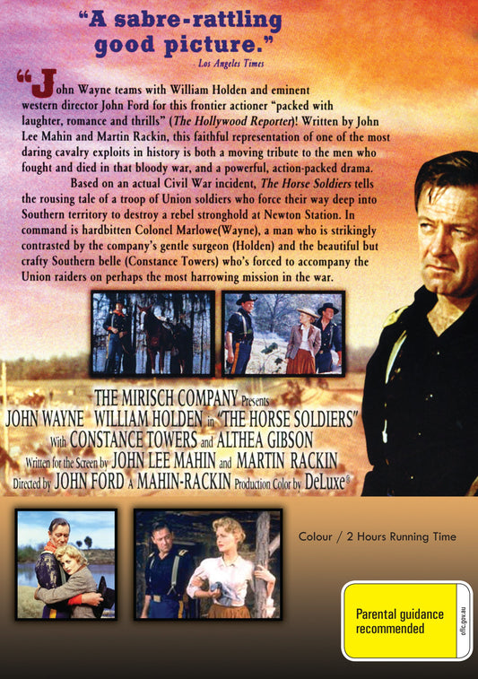 Rear view of The Horse Soldiers 1959 DVD featuring John Wayne and William Holden, part of the Timeless Classic DVD collection.