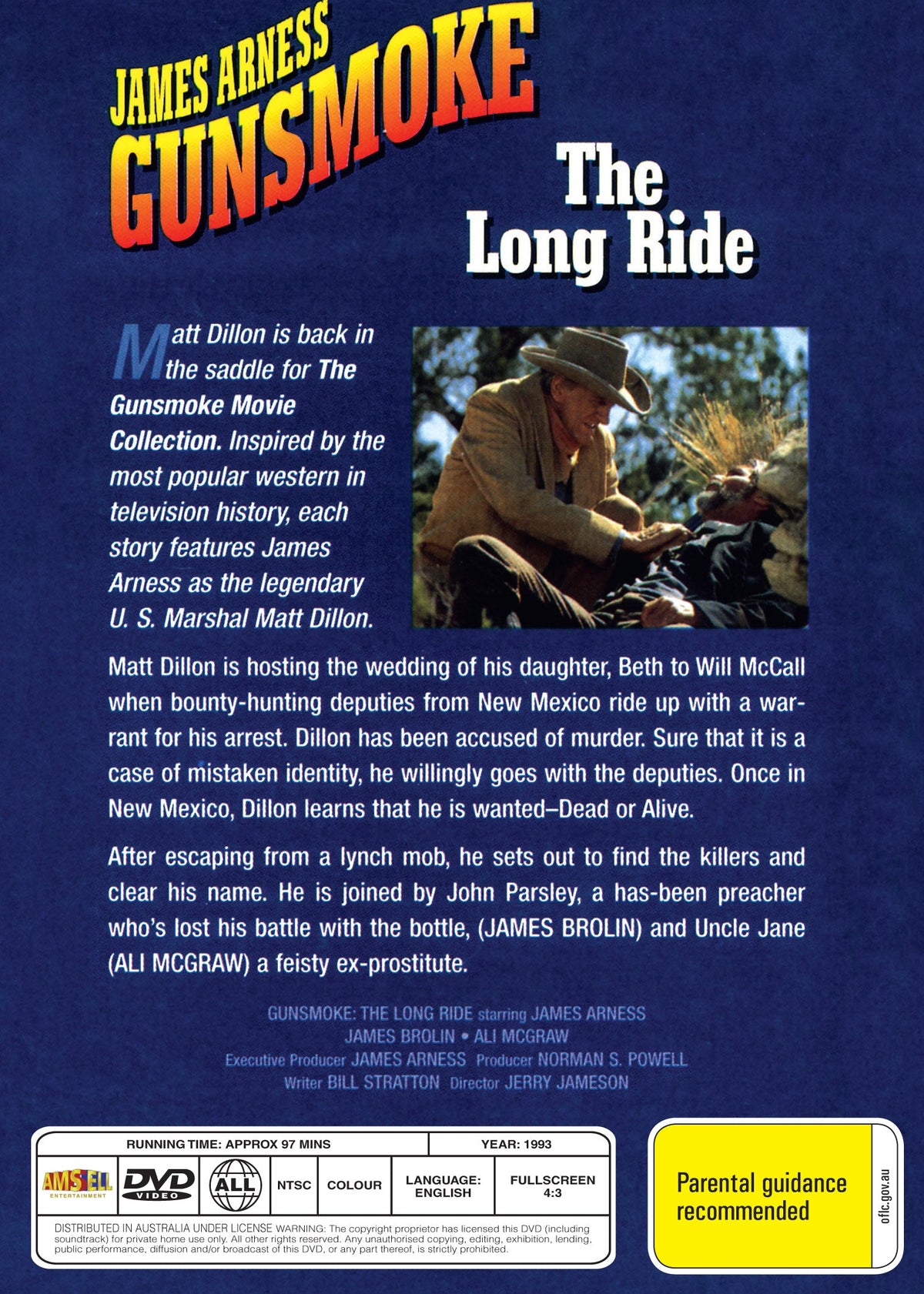 DVD cover for Gunsmoke: The Long Ride (1993) featuring James Arness and James Brolin, part of the Timeless Classic DVD collection.