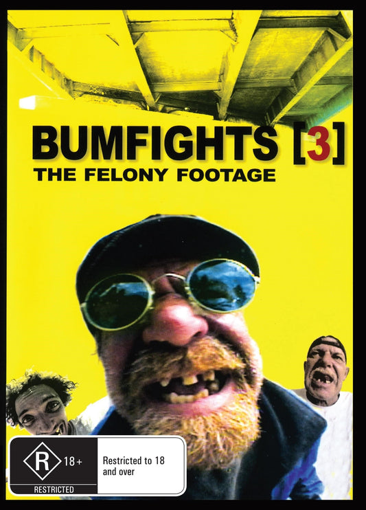 Rare DVD cover of Bumfights Vol 3: The Felony Footage documentary featuring Rufus Hannah, with bling bling visuals.