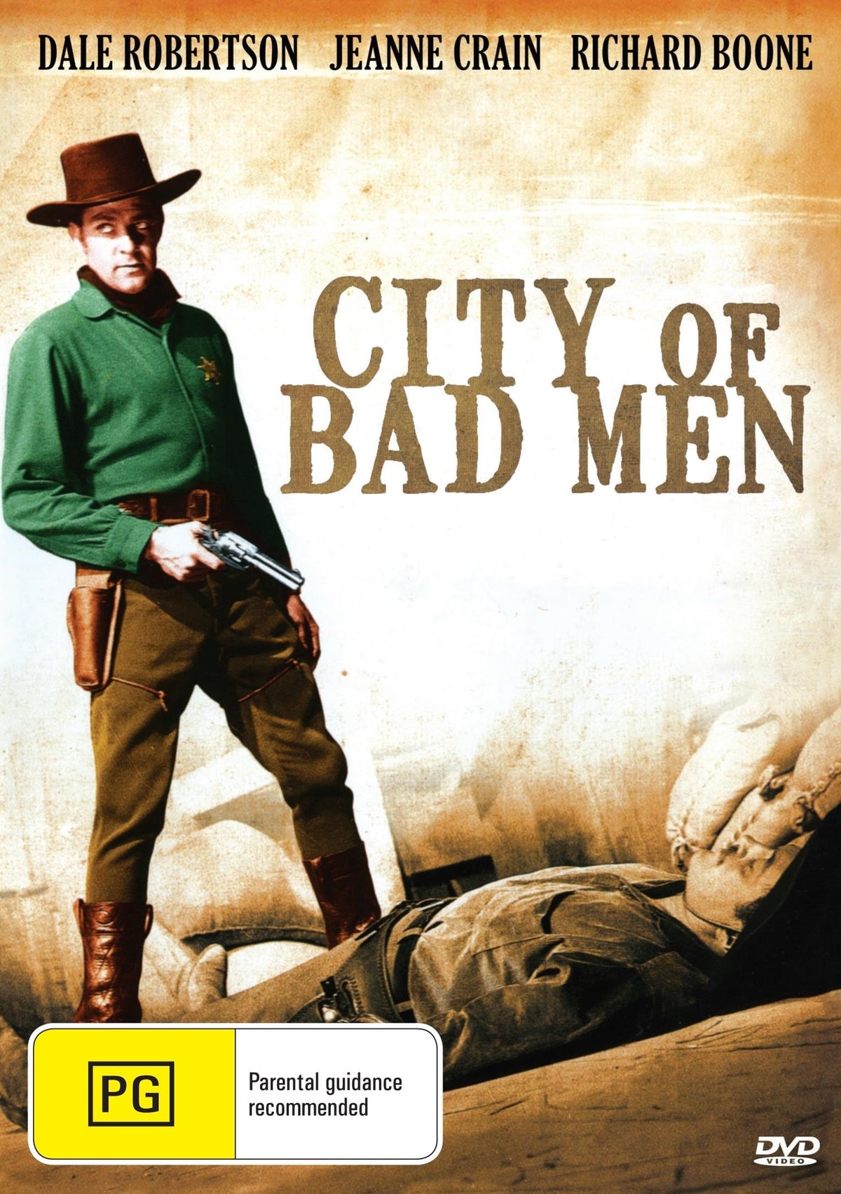 Western DVD for City of Bad Men featuring Dale Robertson and Jeanne Crain, showing the movie cover with title and actor images.