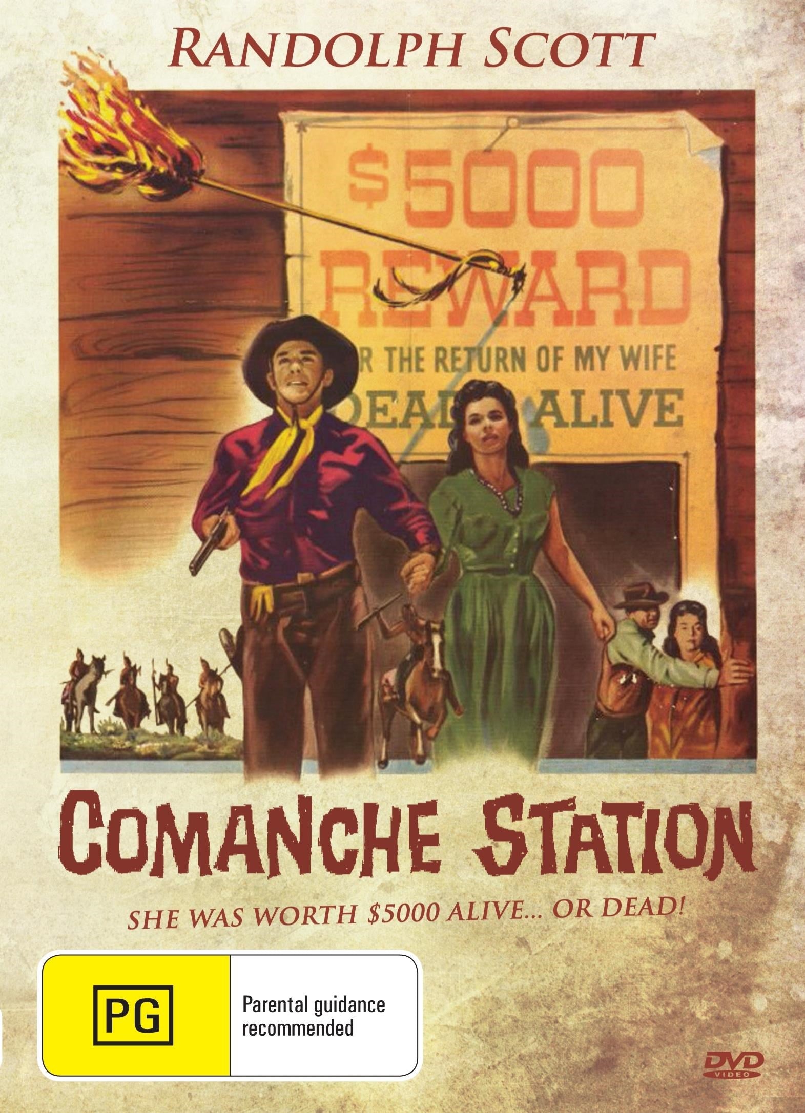 Comanche Station DVD featuring Randolph Scott and Nancy Gates, drama film on a DVD case, with vintage Western artwork.