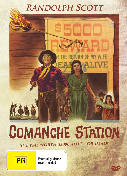 Comanche Station DVD featuring Randolph Scott and Nancy Gates, drama film on a DVD case, with vintage Western artwork.