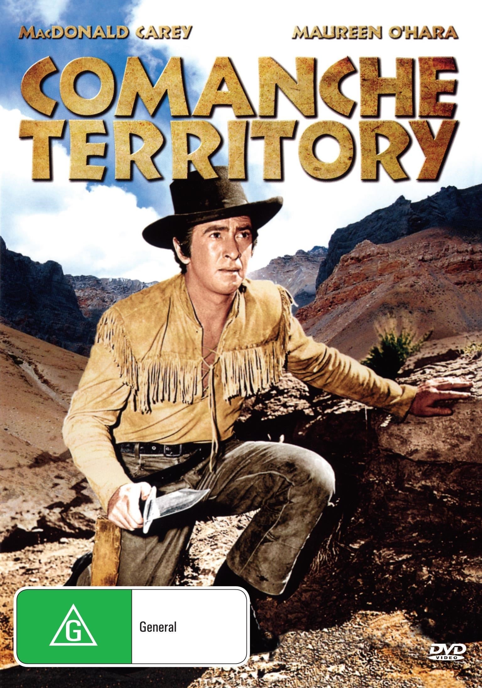 DVD of Comanche Territory Western movie featuring Maureen O'Hara and Macdonald Carey, with cover art showing the film characters.