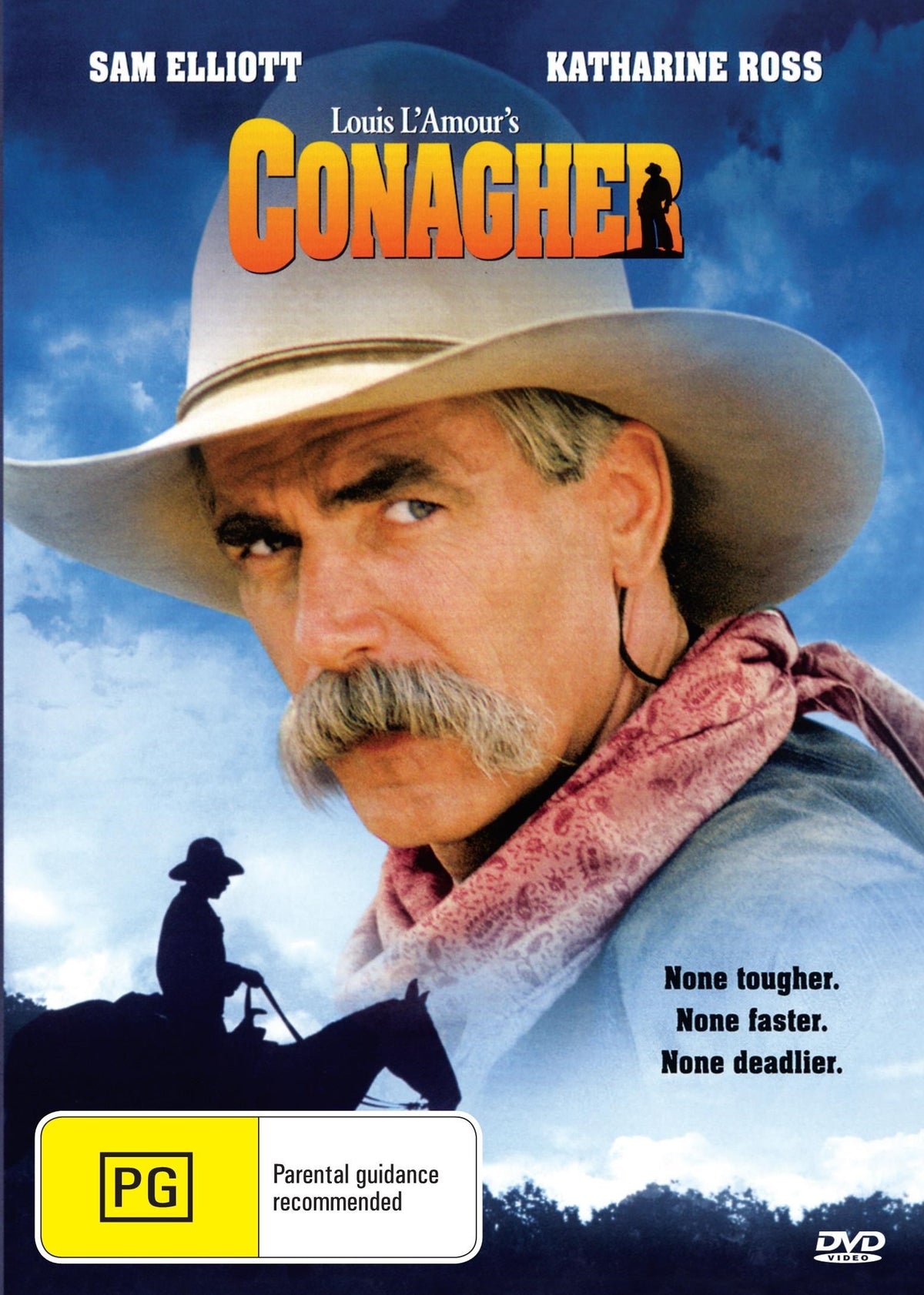 Conagher DVD featuring Sam Elliott and Katharine Ross in a drama movie, with a cover image showcasing the film artwork.