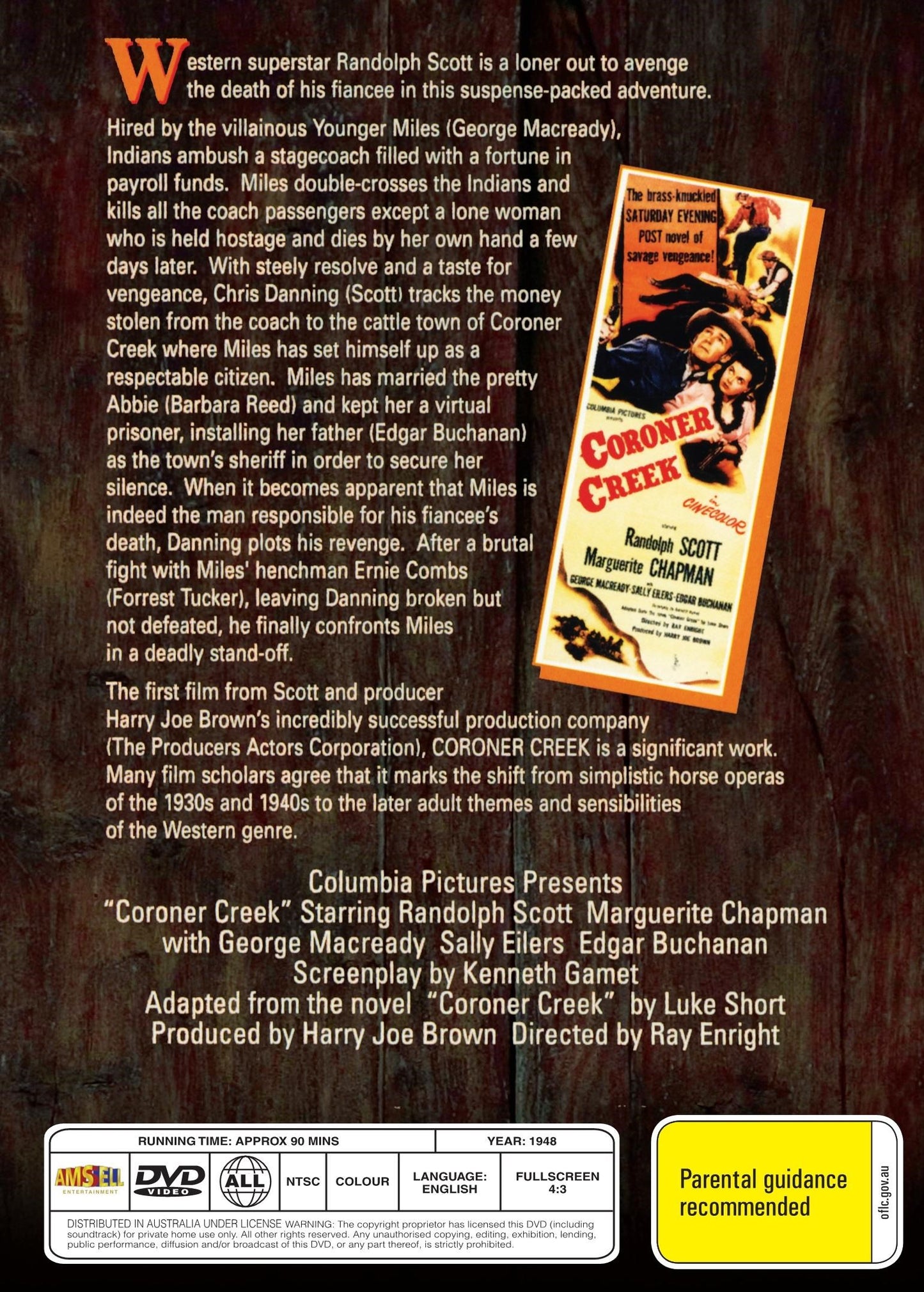 Western movie DVD "Coroner Creek" starring Randolph Scott and Marguerite Chapman, featuring vintage artwork and classic film cover.