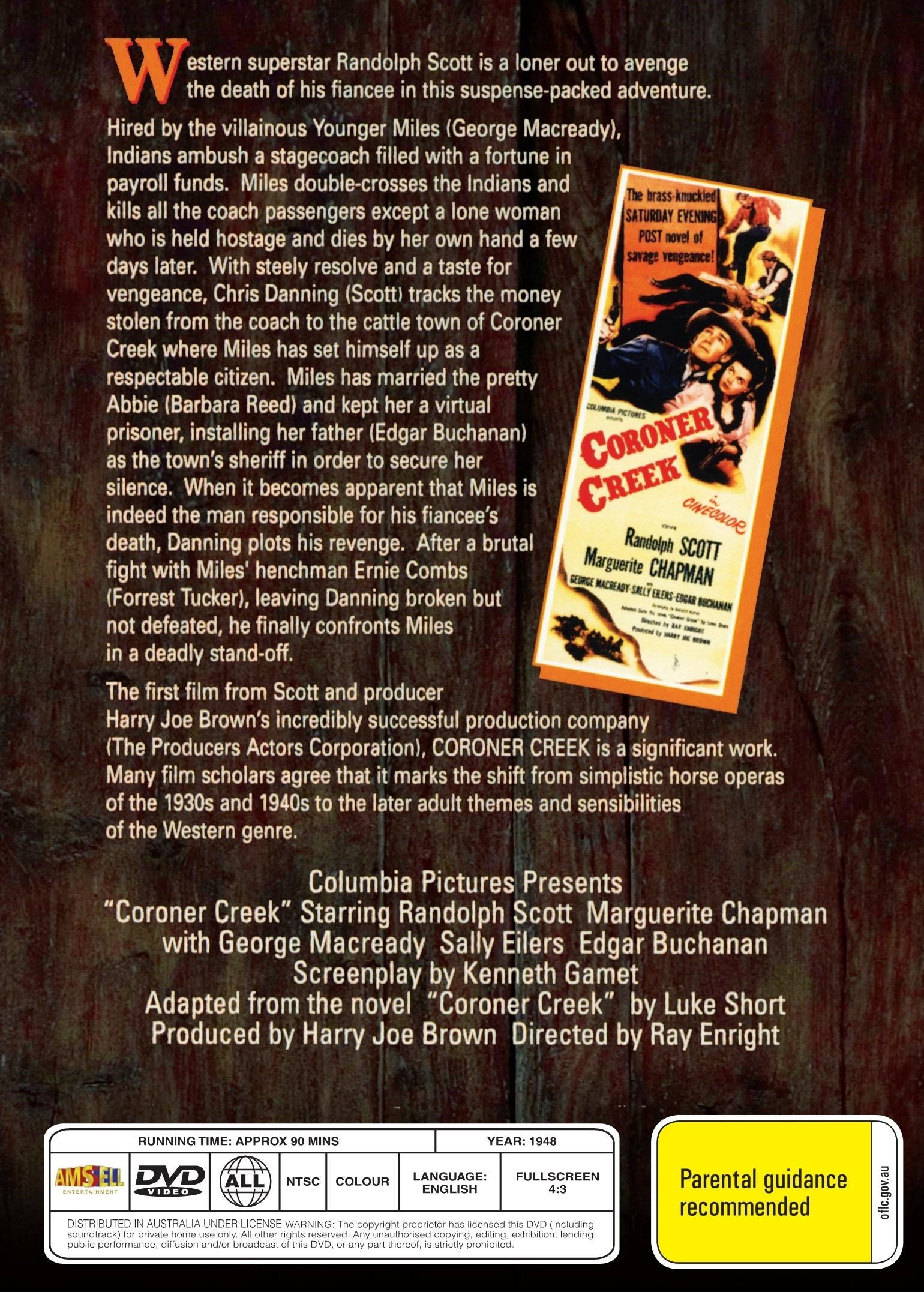Western movie DVD "Coroner Creek" starring Randolph Scott and Marguerite Chapman, featuring vintage artwork and classic film cover.