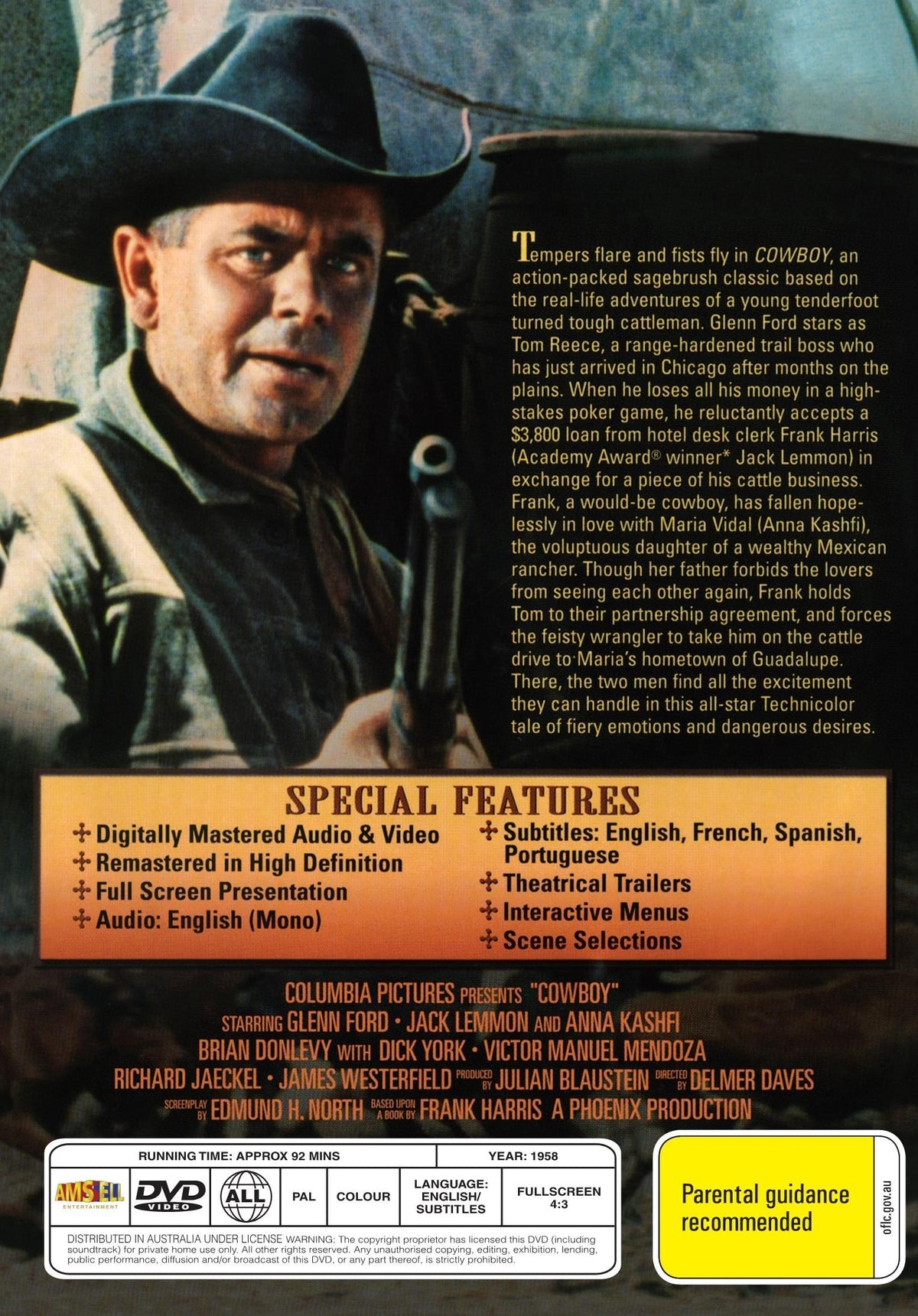 Cowboy on DVD drama featuring Glenn Ford and Jack Lemmon, showing the DVD case with movie title and cover art.