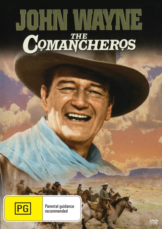 DVD cover of The Comancheros featuring John Wayne and Stuart Whitman, classic Western film, with western landscape background