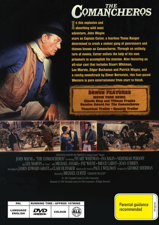 DVD cover of The Comancheros Western movie featuring John Wayne and Stuart Whitman, classic Western film on DVD.