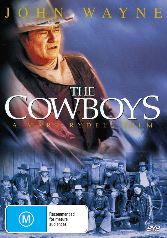 The Cowboys DVD featuring John Wayne and Roscoe Lee Browne, adventure movie, cover art with Western scene and title.