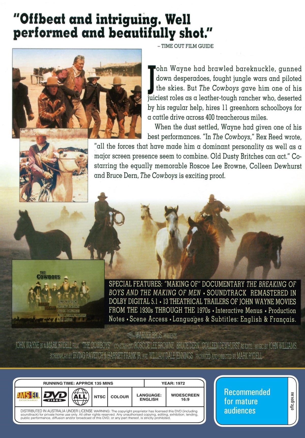 The Cowboys on DVD movie featuring John Wayne and Roscoe Lee Browne, adventure film from RareandCollectibleDVDs.