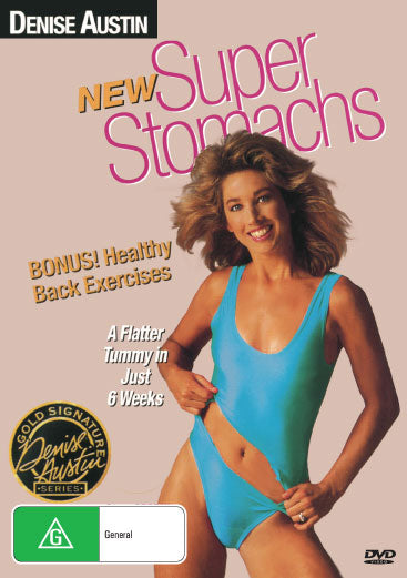 Denise Austin Super Stomachs DVD showing a fitness instructor demonstrating abdominal exercises in a workout scene.