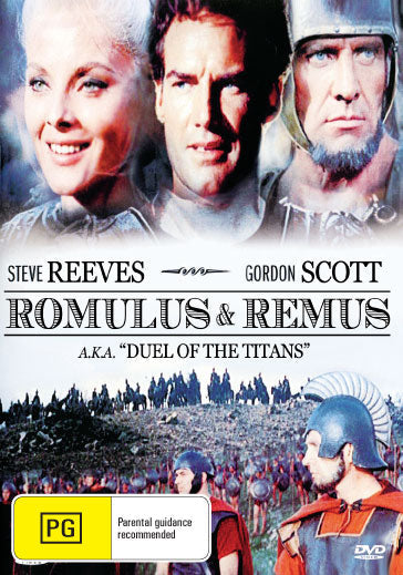 DVD of Duel of the Titans drama featuring Steve Reeves and Gordon Scott, showcasing the movie cover with title and actors.