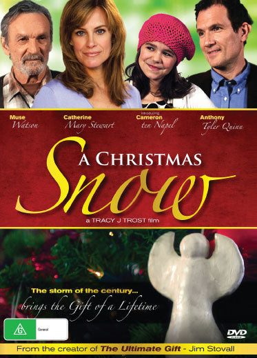 A DVD cover of "A Christmas Snow" drama featuring Catherine Mary Stewart and Muse Watson in a festive holiday scene.